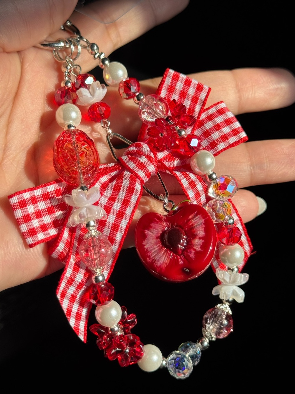 Phone wristlet / Purse Charm - Red Cherry Charm with Ribbon